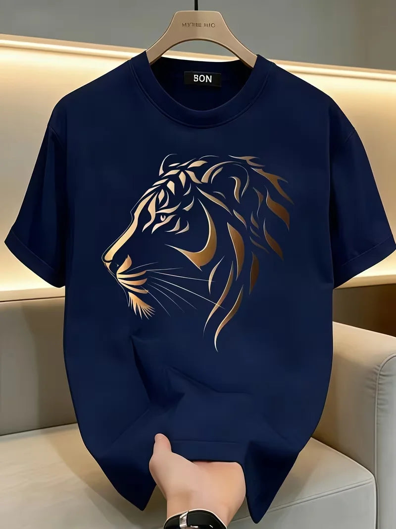 Luxury Gold Foil Tiger Print Men's T-Shirt, High Quality Casual Short Sleeve Tee, Trendy Streetwear for Men, Summer Fashion Tops