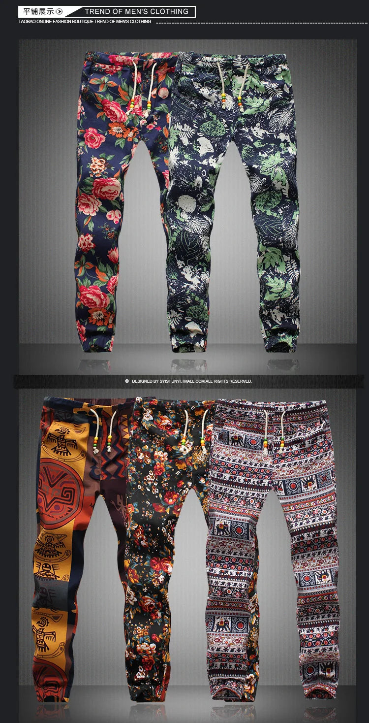 Euro Size 2026 New Fashion Spring Men Floral Print Joggers Male Casual Summer Pants Mens Sweatpants Linen Pants Men Trousers