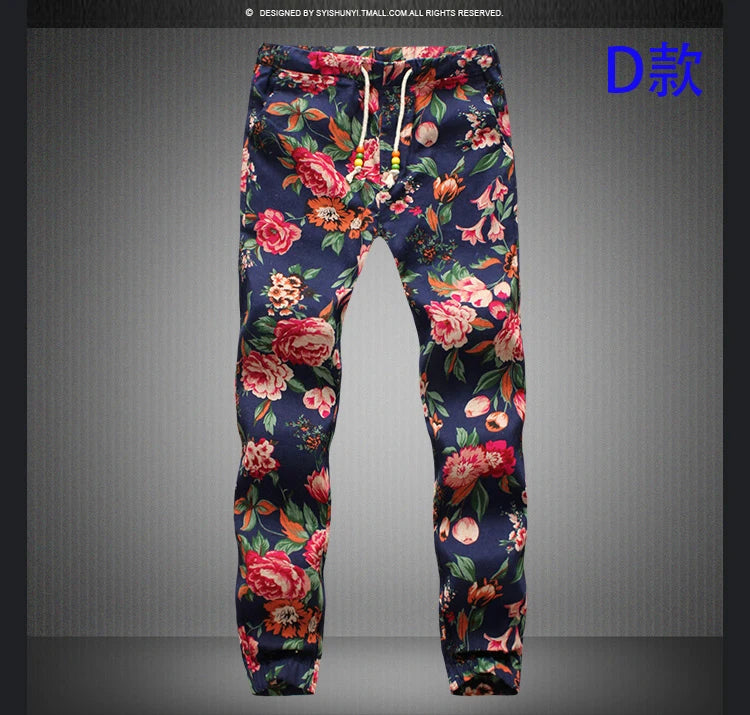 Euro Size 2026 New Fashion Spring Men Floral Print Joggers Male Casual Summer Pants Mens Sweatpants Linen Pants Men Trousers