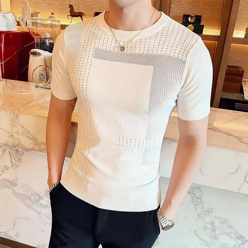 Summer Round Neck Ice Silk Hollow Knitted Short-sleeved Base Thin Men's Trendy Half-sleeved T-shirt Breathable Knitted Sweater