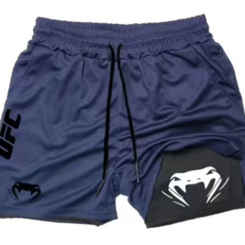 UFC logo men's European size double-layer sports training, running, walking, comfortable, breathable, mobile phone, towel shorts