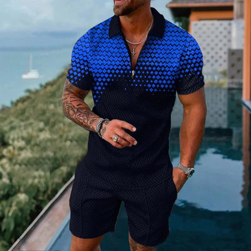 2025 Men's Suit Trend Tiger 3D Printing Zipper Polo Shirt Shorts Two Piece Set luxurious Casual New Men Clothing Tracksuit Set
