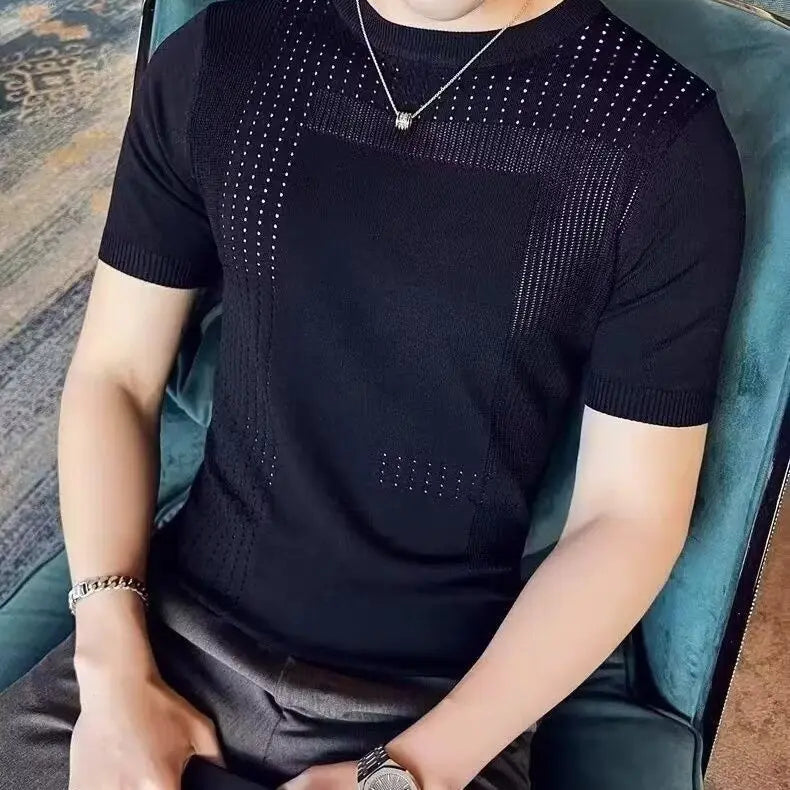 Summer Round Neck Ice Silk Hollow Knitted Short-sleeved Base Thin Men's Trendy Half-sleeved T-shirt Breathable Knitted Sweater