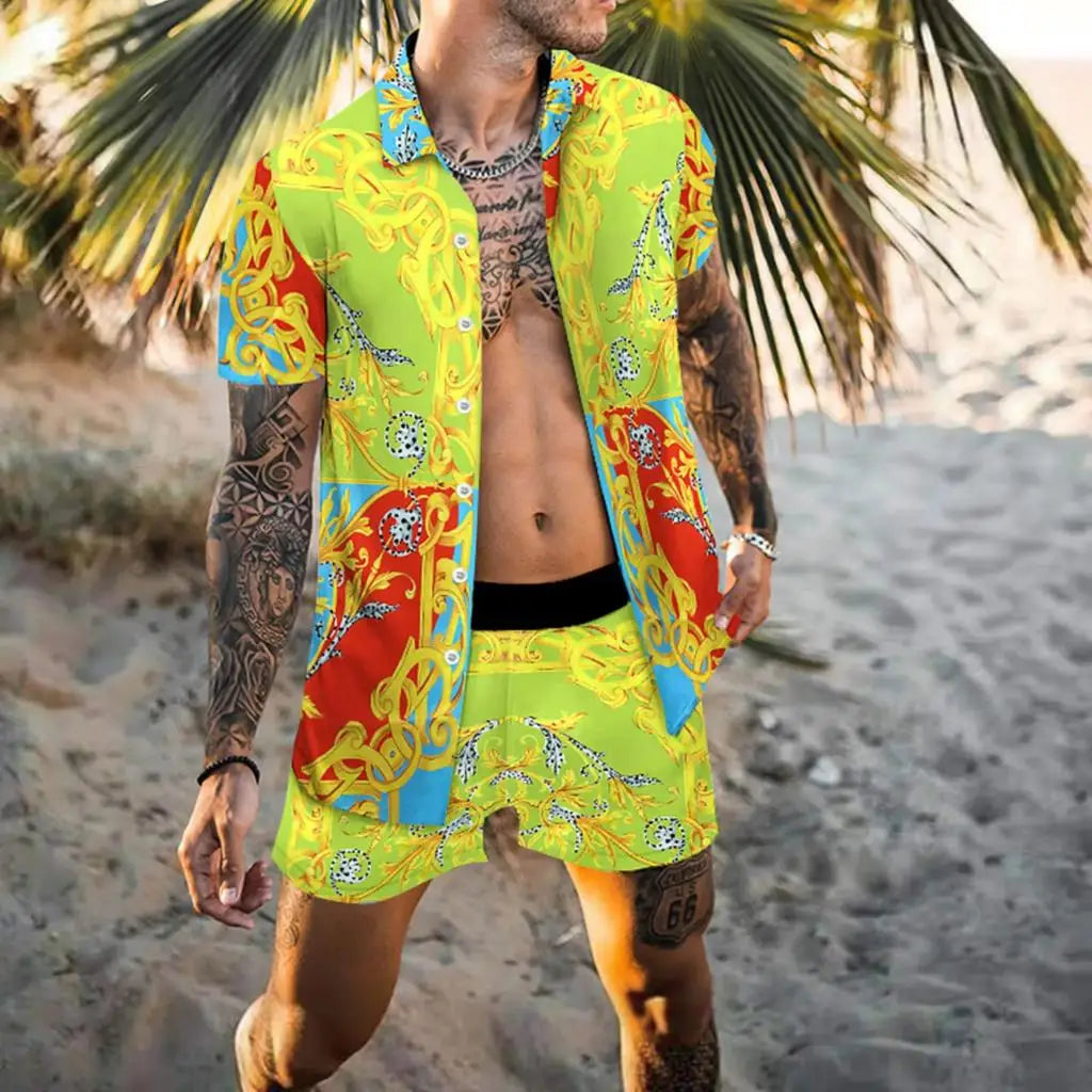 Summer Exquisite Men's Shirt Set Coconut Print Short Sleeve Top Leopard Print Shorts 2 Piece Hawaii Beach Men's Fashion Clothing