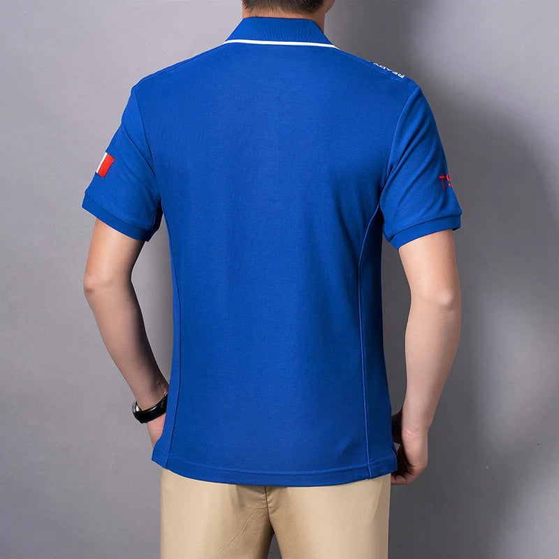Men's polo shirt France short sleeve Royal leisure sports party cotton embroidered with slit contrast color original