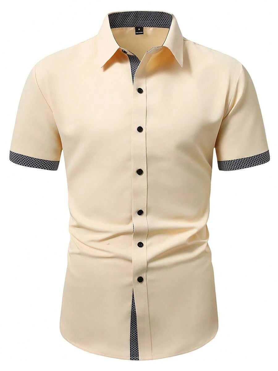 Spring Summer New Men Clothes Short Sleeve Spell Color Shirt 95% Polyester 5%Spandex