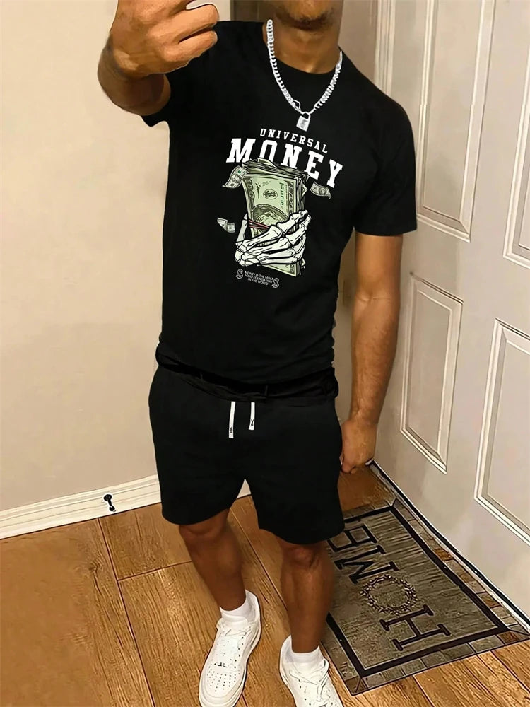 New Men's Round Neck Short Sleeve Shorts Suit Fashionable And Simple For Outdoor Activities And Daily Wear Two-piece Set