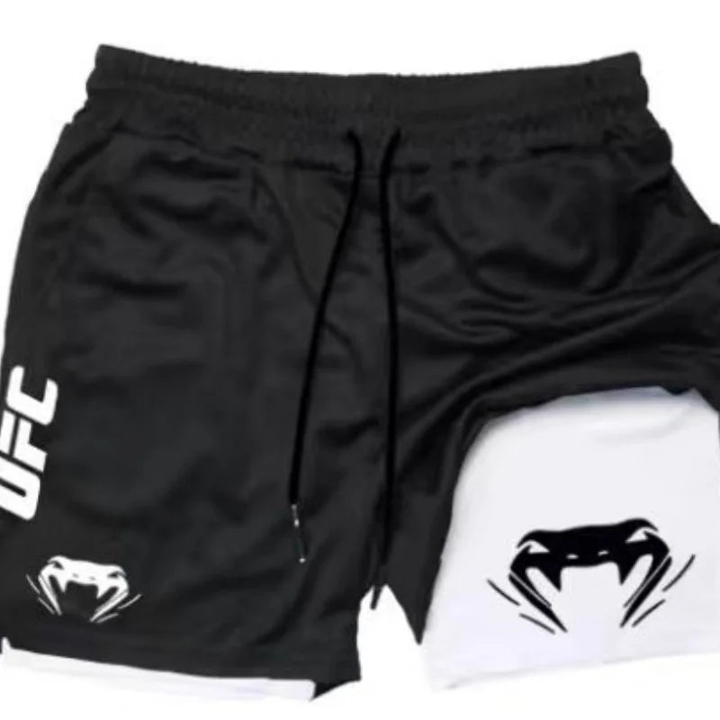 UFC logo men's European size double-layer sports training, running, walking, comfortable, breathable, mobile phone, towel shorts
