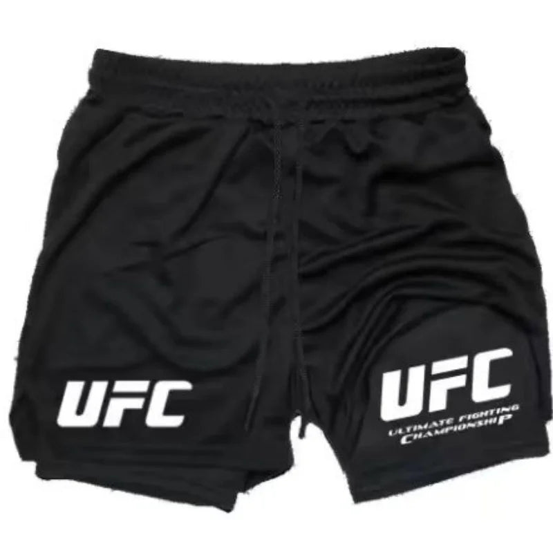 UFC logo men's European size double-layer sports training, running, walking, comfortable, breathable, mobile phone, towel shorts