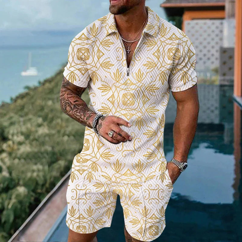 2025 Men's Suit Trend Tiger 3D Printing Zipper Polo Shirt Shorts Two Piece Set luxurious Casual New Men Clothing Tracksuit Set