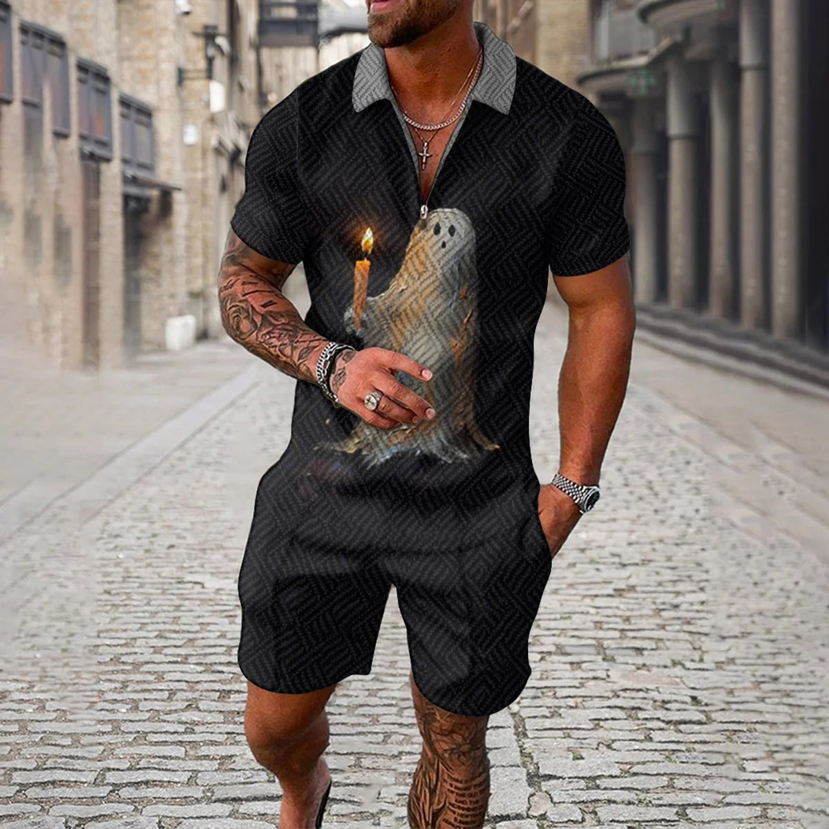 Summer 3D Print Men's Tracksuit Suit Casual Zipper Polo Shirt Shorts 2 Pcs Sets Boho Geometric Style Holiday Clothing