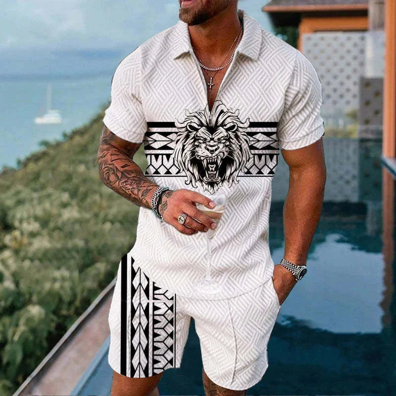 2025 Men's Suit Trend Tiger 3D Printing Zipper Polo Shirt Shorts Two Piece Set luxurious Casual New Men Clothing Tracksuit Set