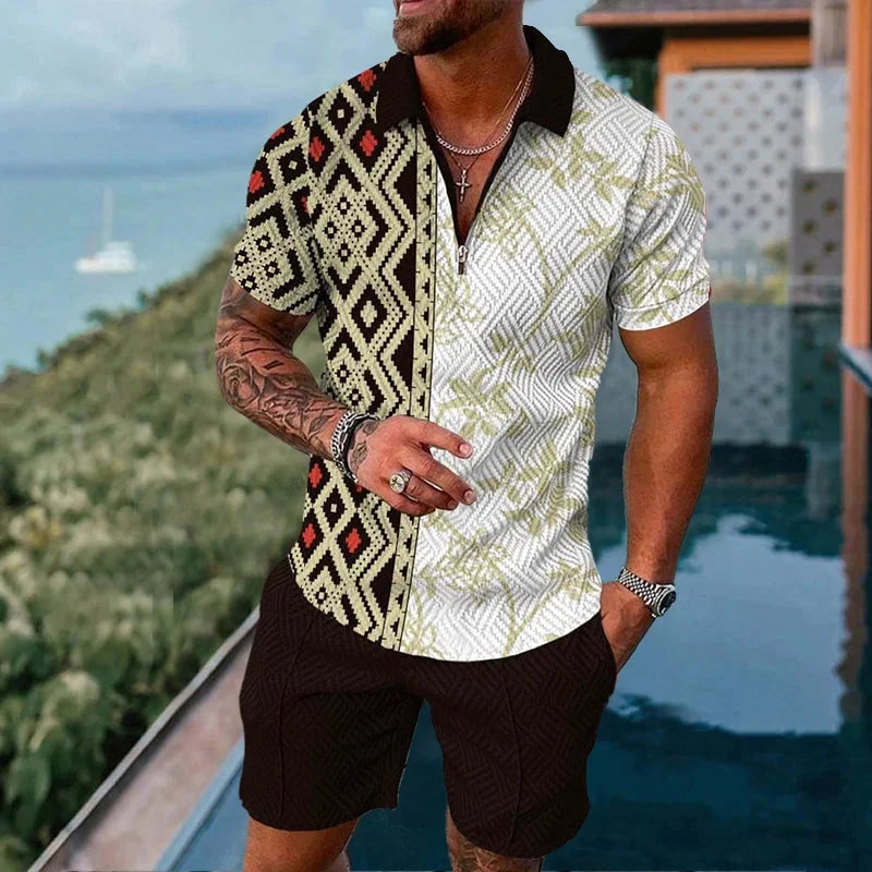 2025 Men's Suit Trend Tiger 3D Printing Zipper Polo Shirt Shorts Two Piece Set luxurious Casual New Men Clothing Tracksuit Set
