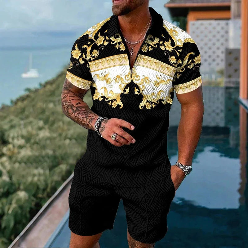 2025 Men's Suit Trend Tiger 3D Printing Zipper Polo Shirt Shorts Two Piece Set luxurious Casual New Men Clothing Tracksuit Set