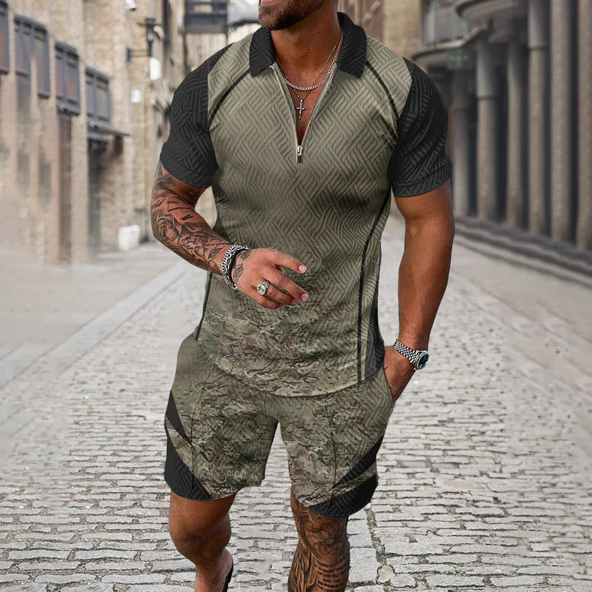 Summer 3D Print Men's Tracksuit Suit Casual Zipper Polo Shirt Shorts 2 Pcs Sets Boho Geometric Style Holiday Clothing