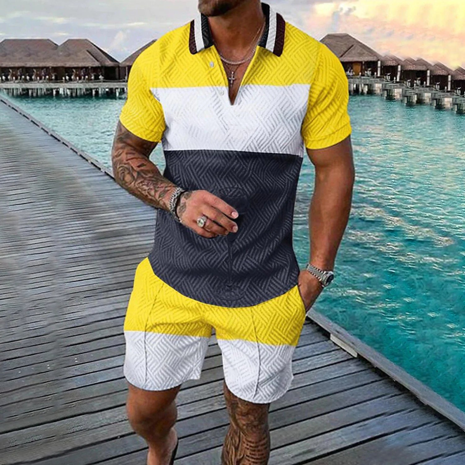Summer 3D Print Men's Tracksuit Suit Casual Zipper Polo Shirt Shorts 2 Pcs Sets Boho Geometric Style Holiday Clothing