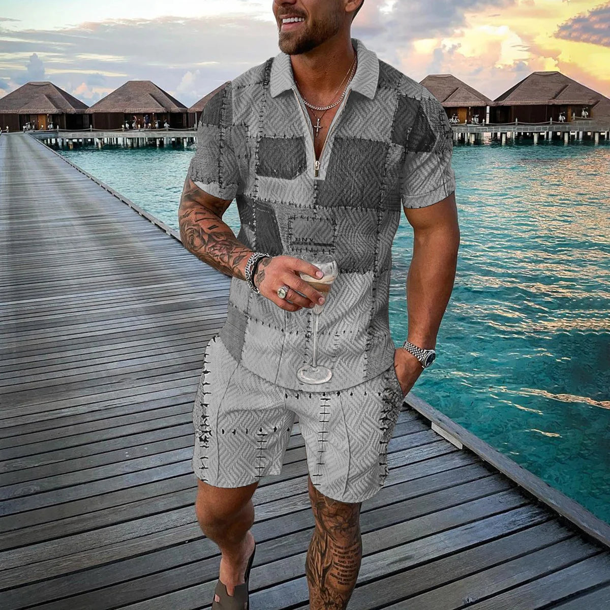 Summer 3D Print Men's Tracksuit Suit Casual Zipper Polo Shirt Shorts 2 Pcs Sets Boho Geometric Style Holiday Clothing