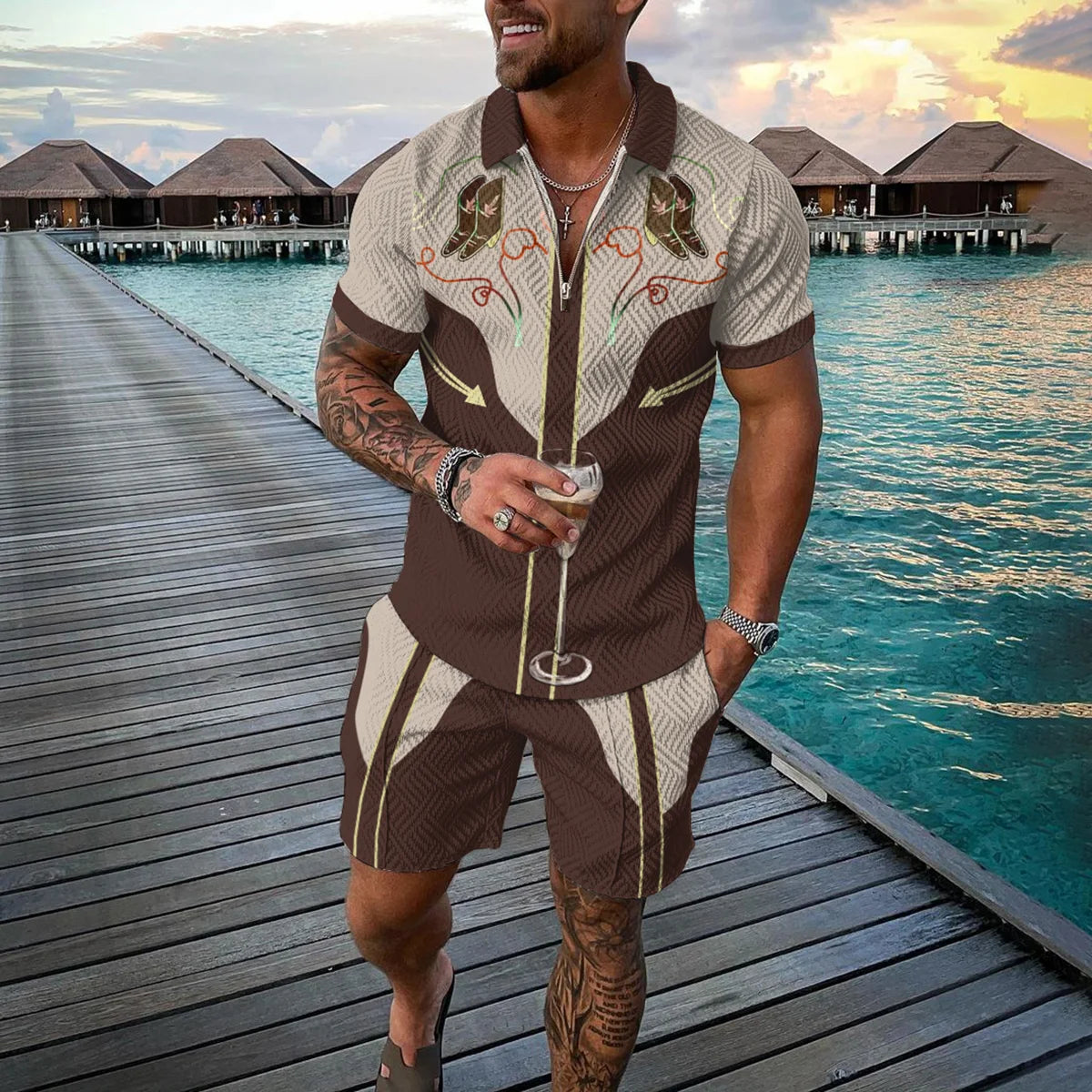 Summer 3D Print Men's Tracksuit Suit Casual Zipper Polo Shirt Shorts 2 Pcs Sets Boho Geometric Style Holiday Clothing