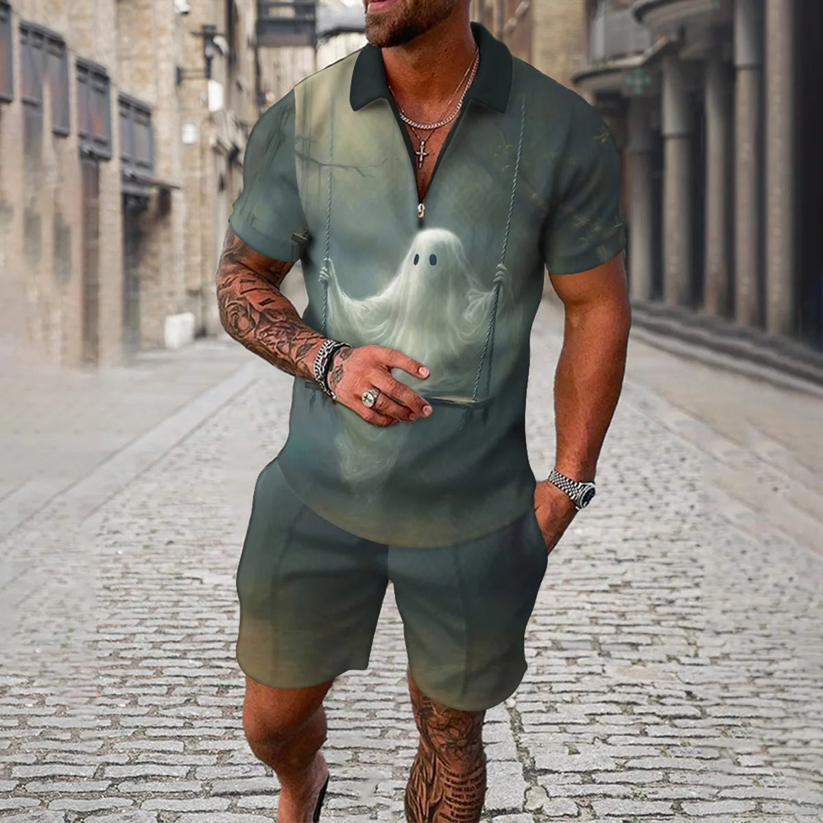 Summer 3D Print Men's Tracksuit Suit Casual Zipper Polo Shirt Shorts 2 Pcs Sets Boho Geometric Style Holiday Clothing