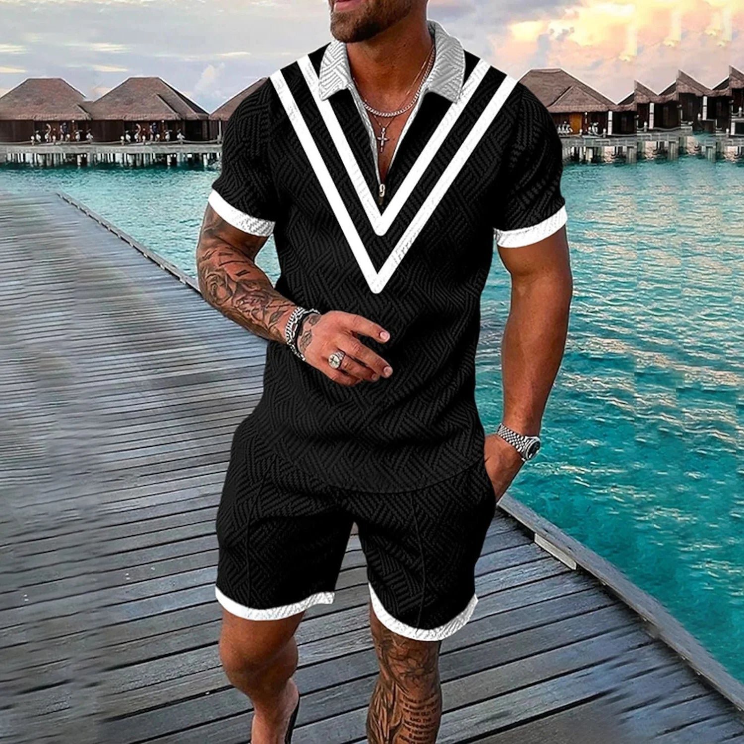 Summer 3D Print Men's Tracksuit Suit Casual Zipper Polo Shirt Shorts 2 Pcs Sets Boho Geometric Style Holiday Clothing