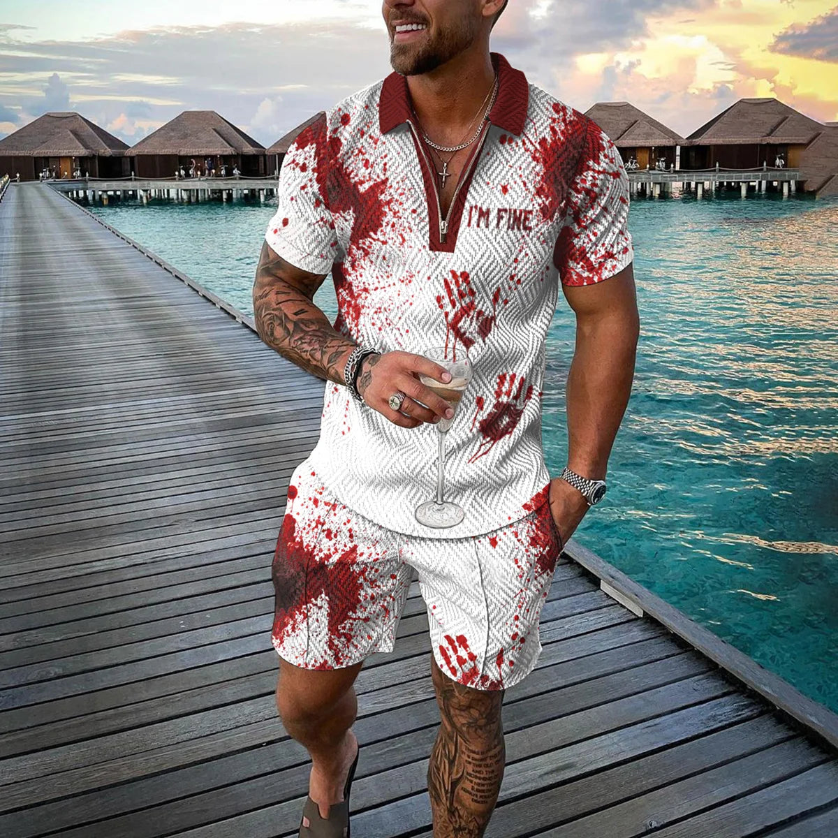 Summer 3D Print Men's Tracksuit Suit Casual Zipper Polo Shirt Shorts 2 Pcs Sets Boho Geometric Style Holiday Clothing