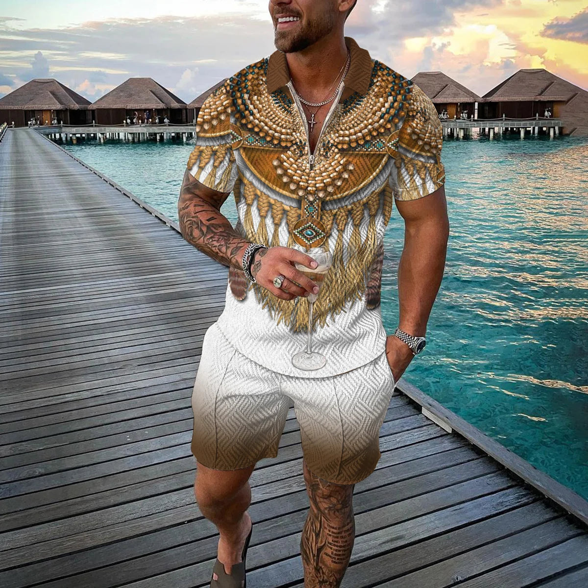 Summer 3D Print Men's Tracksuit Suit Casual Zipper Polo Shirt Shorts 2 Pcs Sets Boho Geometric Style Holiday Clothing