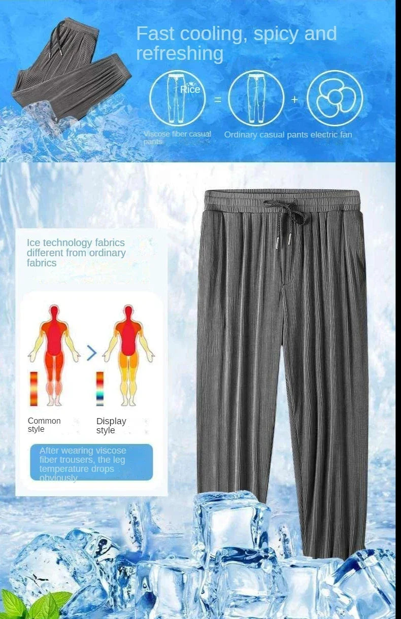 2026 Summer Ice Silk Ultra-thin Pants Men's Loose Straight Section Drape Ice Silk Pants Wide Leg Sports Casual Pants Fits