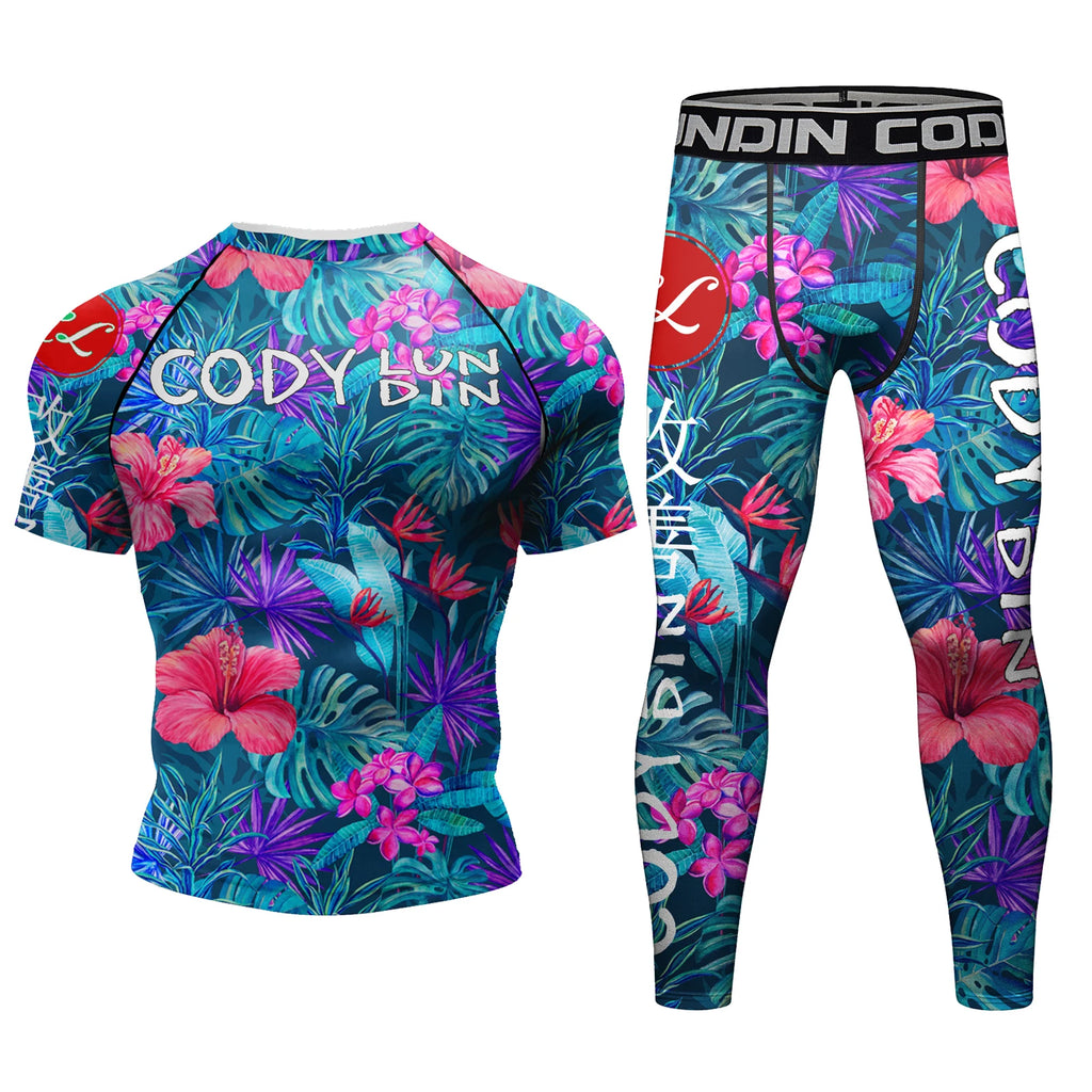Cody Lundin Hot Flower Printed Fitness T-Shirt and Pants for Men MMA Rashguard Jiu JitsuShorts Gym BJJ Boxing Running Sportsuits