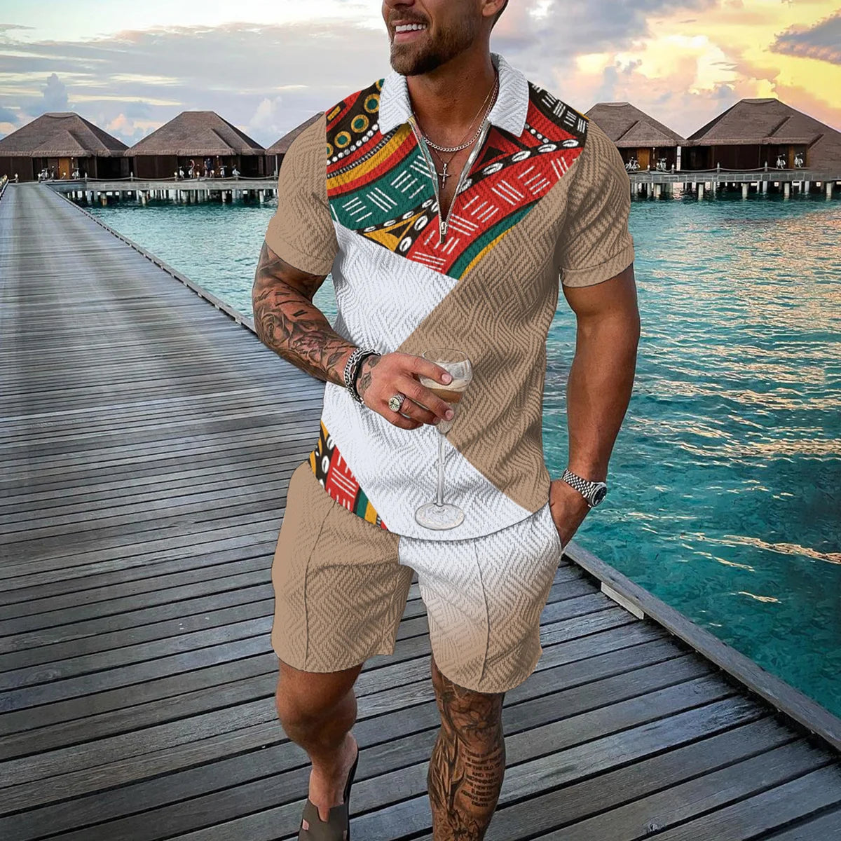 Summer 3D Print Men's Tracksuit Suit Casual Zipper Polo Shirt Shorts 2 Pcs Sets Boho Geometric Style Holiday Clothing