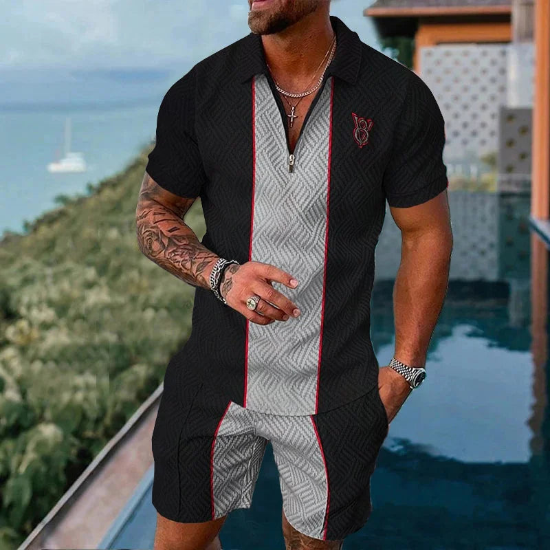 2025 Men's Suit Trend Tiger 3D Printing Zipper Polo Shirt Shorts Two Piece Set luxurious Casual New Men Clothing Tracksuit Set