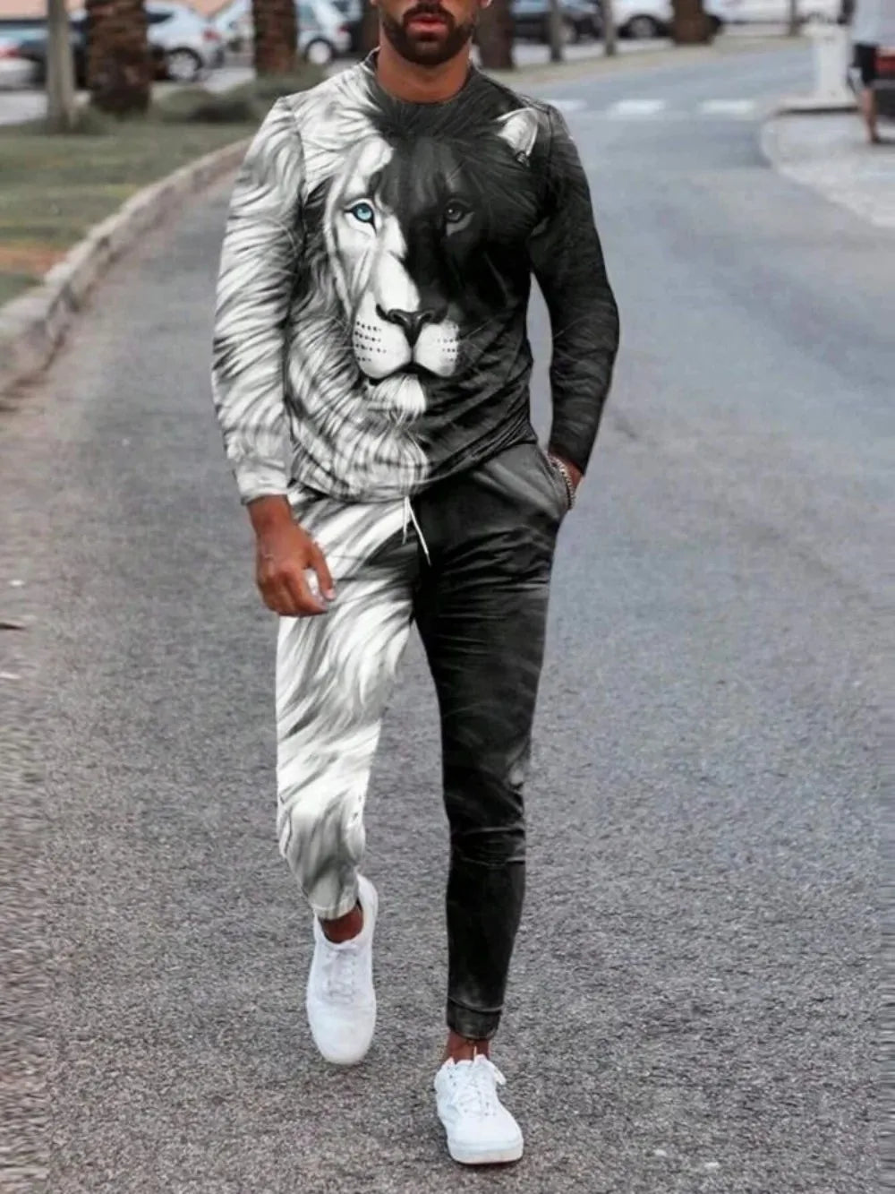Fashionable summer men's personalized lion print breathable round neck long sleeved pants set outdoor high street clothing