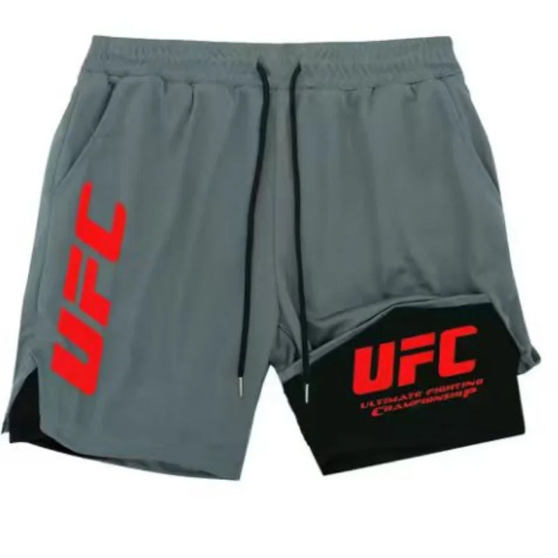 UFC logo men's European size double-layer sports training, running, walking, comfortable, breathable, mobile phone, towel shorts