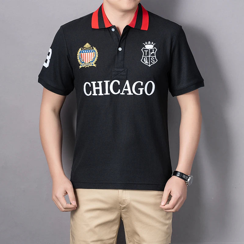Men's polo shirt USA Chicago short sleeve Royal leisure sports party cotton embroidered with slit contrast color original