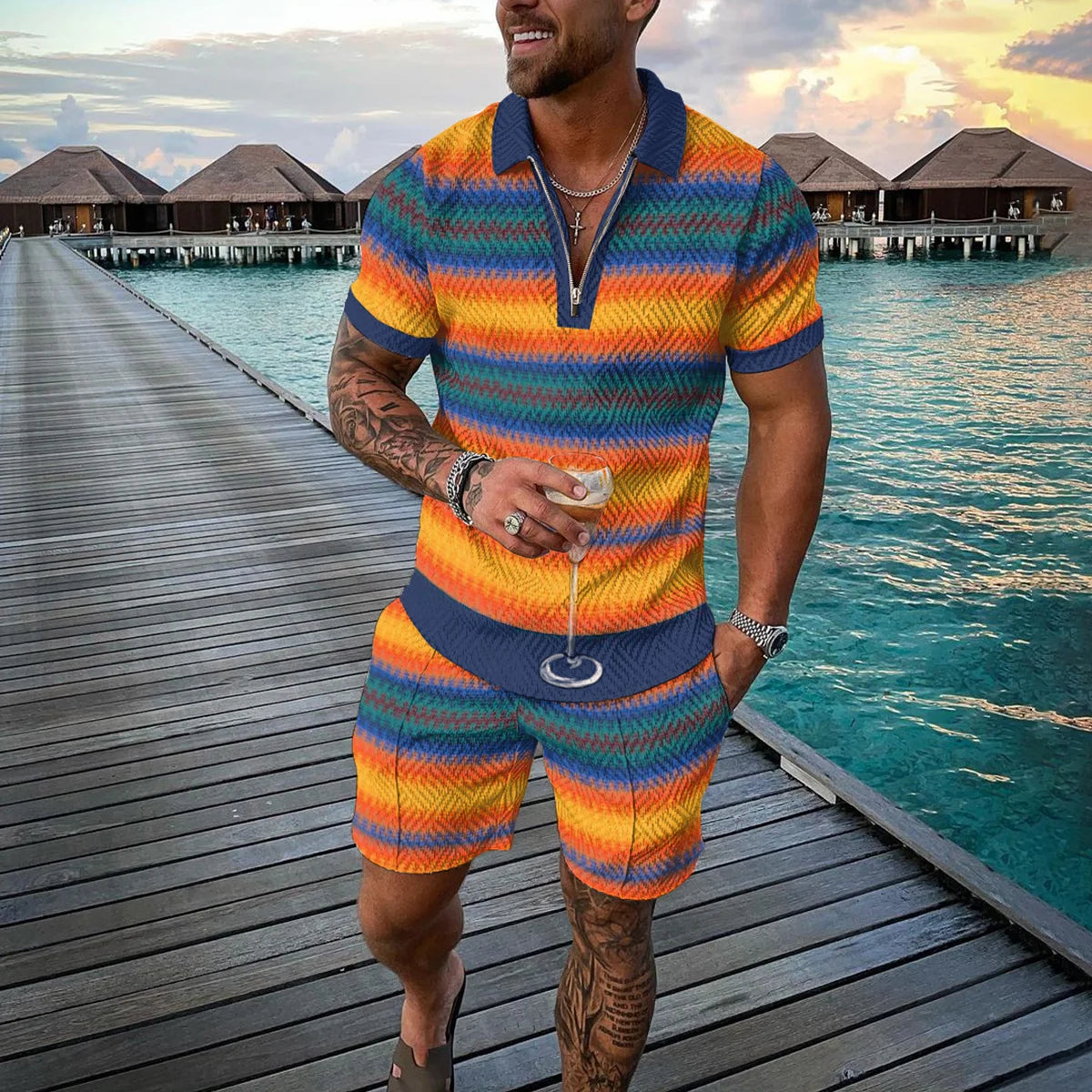 Summer 3D Print Men's Tracksuit Suit Casual Zipper Polo Shirt Shorts 2 Pcs Sets Boho Geometric Style Holiday Clothing