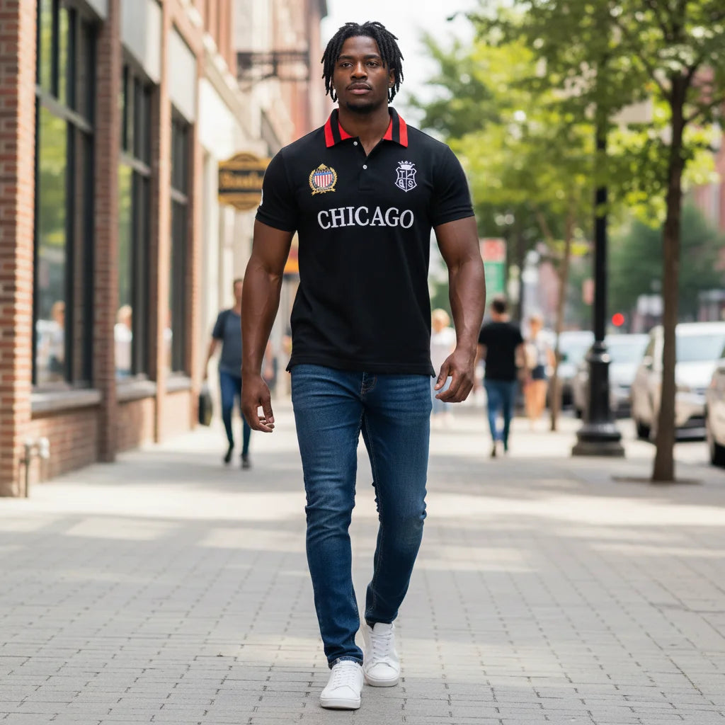 Men's polo shirt USA Chicago short sleeve Royal leisure sports party cotton embroidered with slit contrast color original