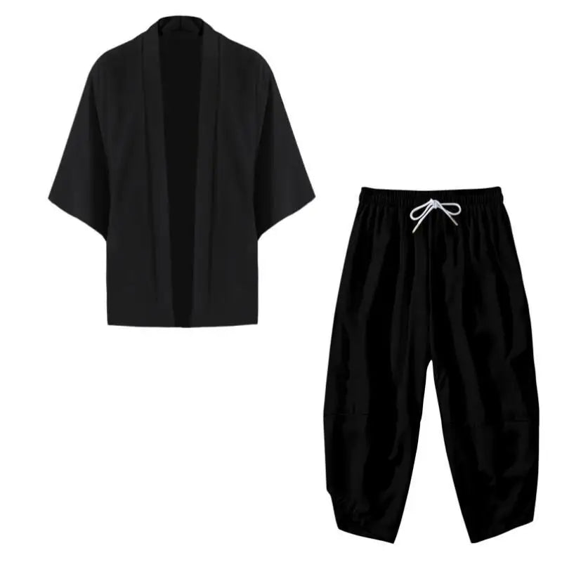 Men Summer Japanese Style Black Kimono Shirt and Drawstring Cropped Pants Set Asian Unisex Casual Loose 3/4 Sleeve Beach Outwear