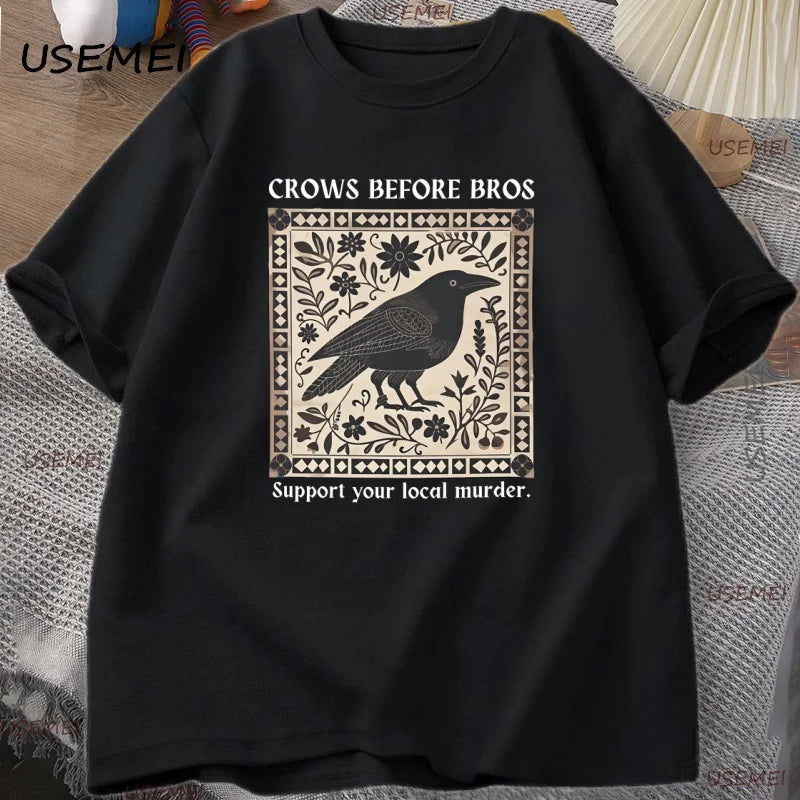 Crows Before Bros T-Shirt Men Women Graphic T Shirts Unique Bird Nature Tshirt Halloween Cotton Round Neck T Shirts