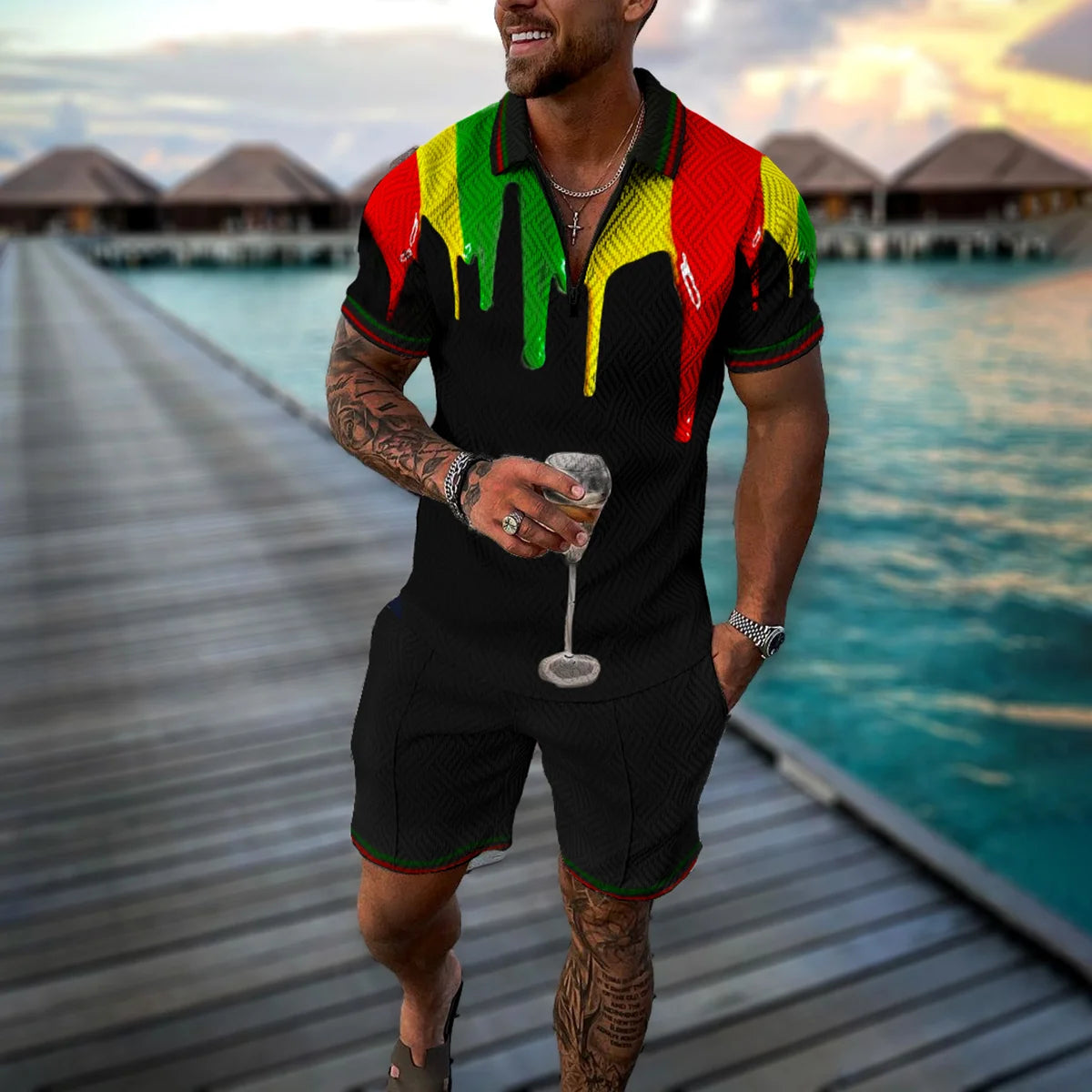 Summer 3D Print Men's Tracksuit Suit Casual Zipper Polo Shirt Shorts 2 Pcs Sets Boho Geometric Style Holiday Clothing