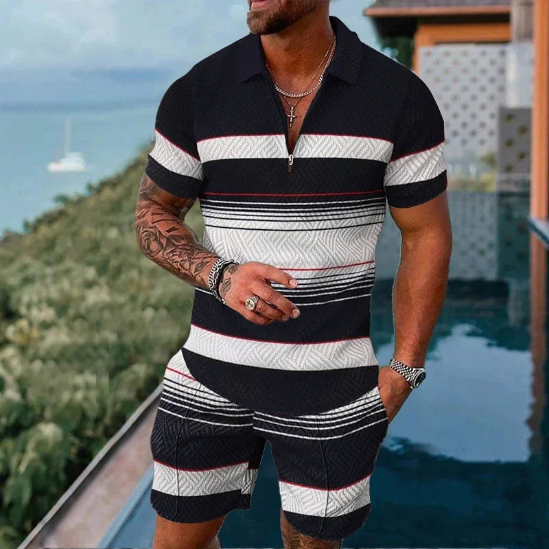2025 Men's Suit Trend Tiger 3D Printing Zipper Polo Shirt Shorts Two Piece Set luxurious Casual New Men Clothing Tracksuit Set