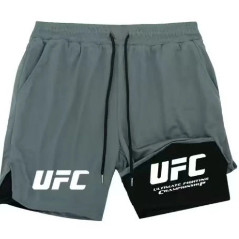 UFC logo men's European size double-layer sports training, running, walking, comfortable, breathable, mobile phone, towel shorts