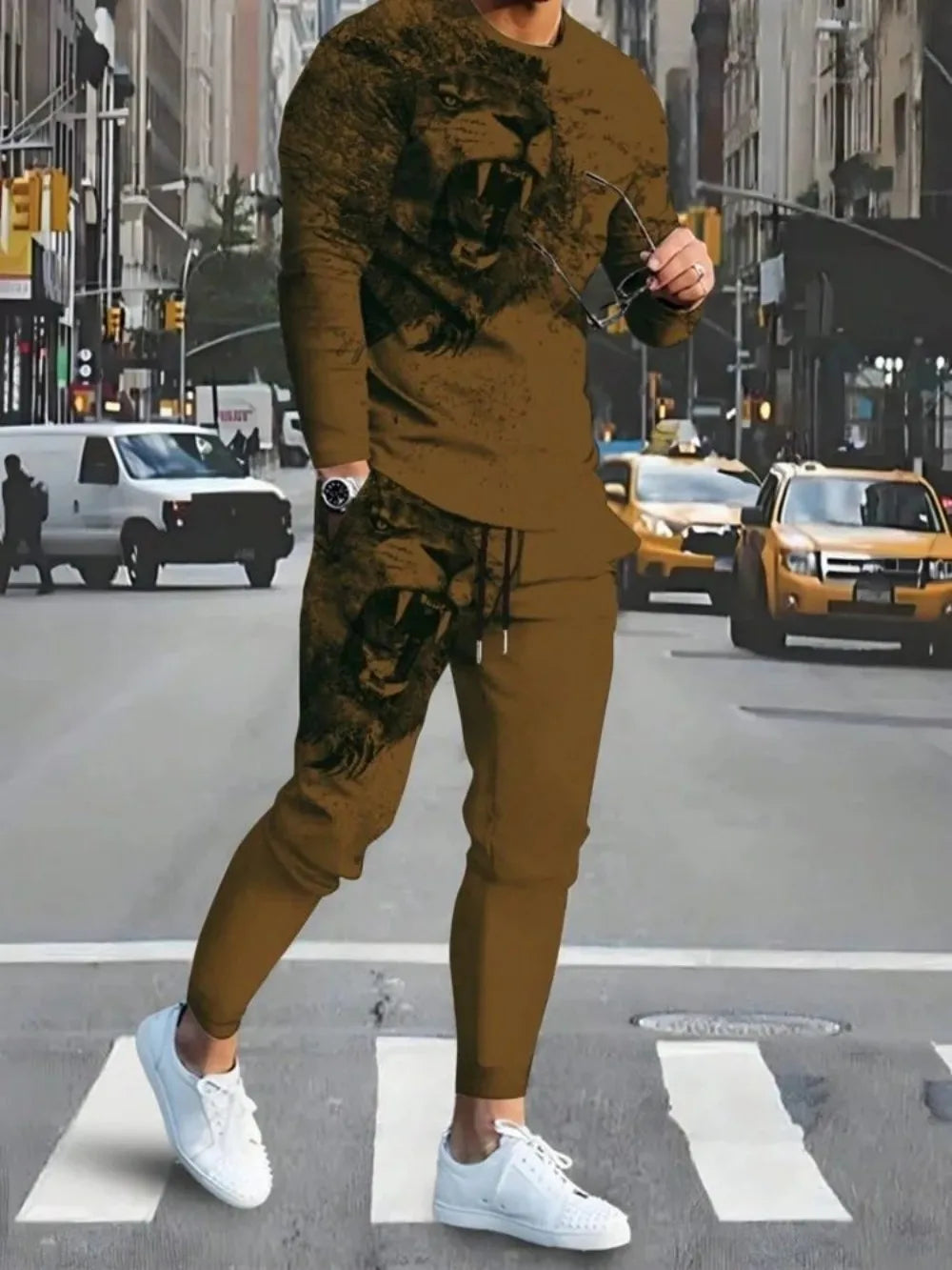 Fashionable summer men's personalized lion print breathable round neck long sleeved pants set outdoor high street clothing