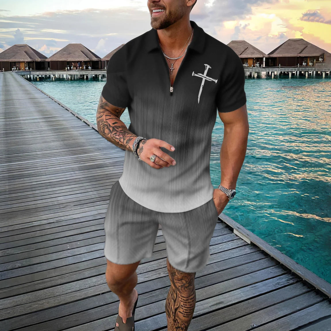 Summer 3D Print Men's Tracksuit Suit Casual Zipper Polo Shirt Shorts 2 Pcs Sets Boho Geometric Style Holiday Clothing