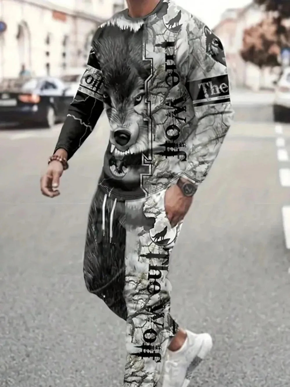 Fashionable summer men's personalized lion print breathable round neck long sleeved pants set outdoor high street clothing
