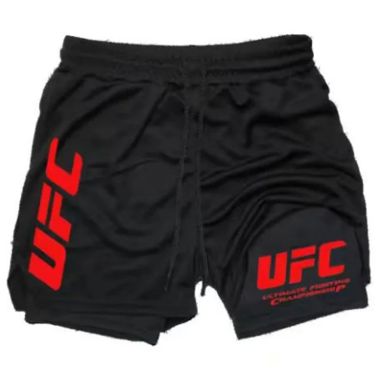 UFC logo men's European size double-layer sports training, running, walking, comfortable, breathable, mobile phone, towel shorts