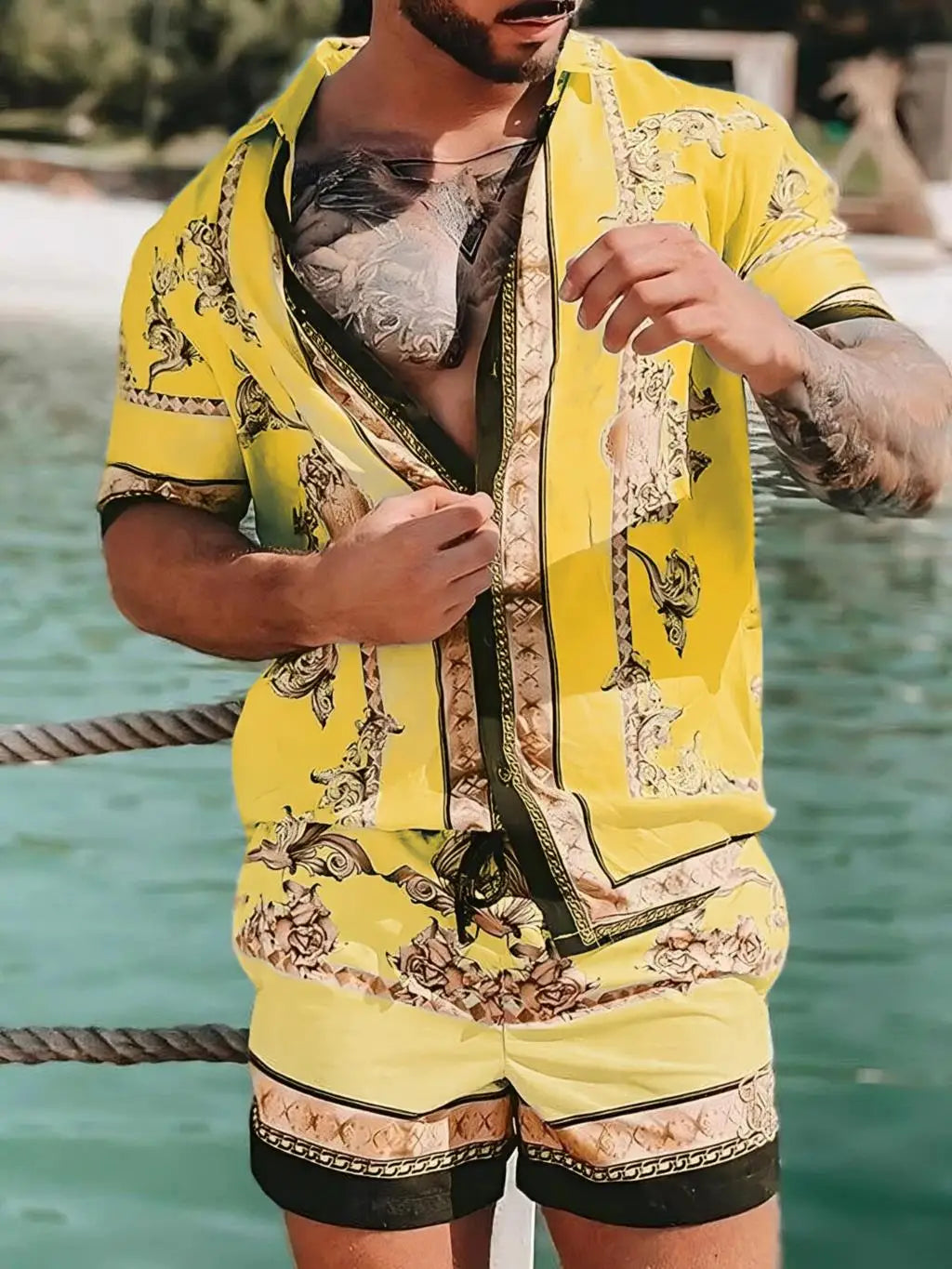 Summer Exquisite Men's Shirt Set Coconut Print Short Sleeve Top Leopard Print Shorts 2 Piece Hawaii Beach Men's Fashion Clothing