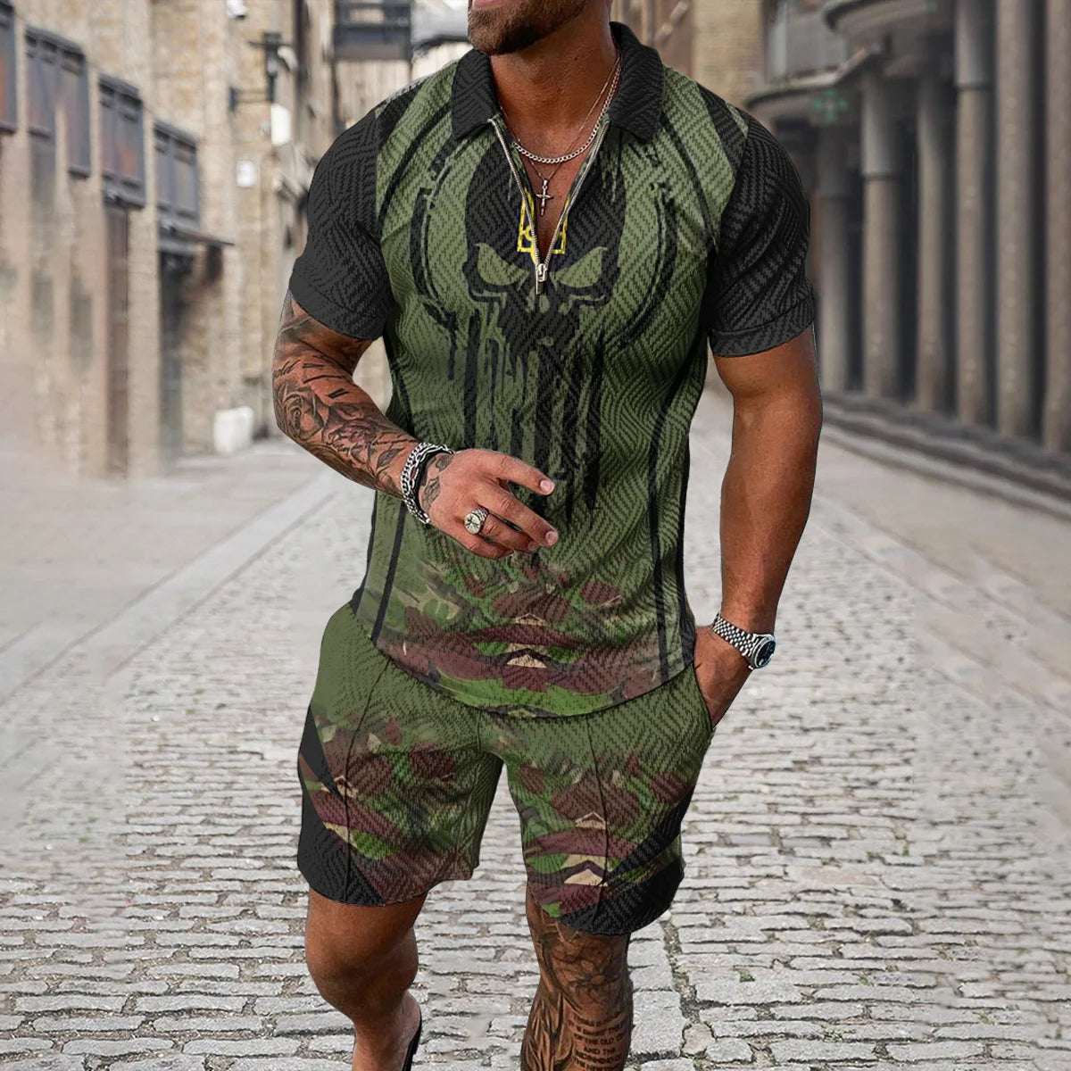 Summer 3D Print Men's Tracksuit Suit Casual Zipper Polo Shirt Shorts 2 Pcs Sets Boho Geometric Style Holiday Clothing