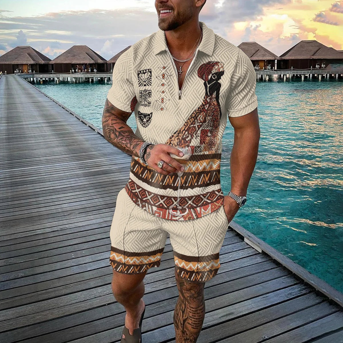 Summer 3D Print Men's Tracksuit Suit Casual Zipper Polo Shirt Shorts 2 Pcs Sets Boho Geometric Style Holiday Clothing
