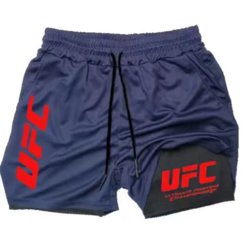 UFC logo men's European size double-layer sports training, running, walking, comfortable, breathable, mobile phone, towel shorts