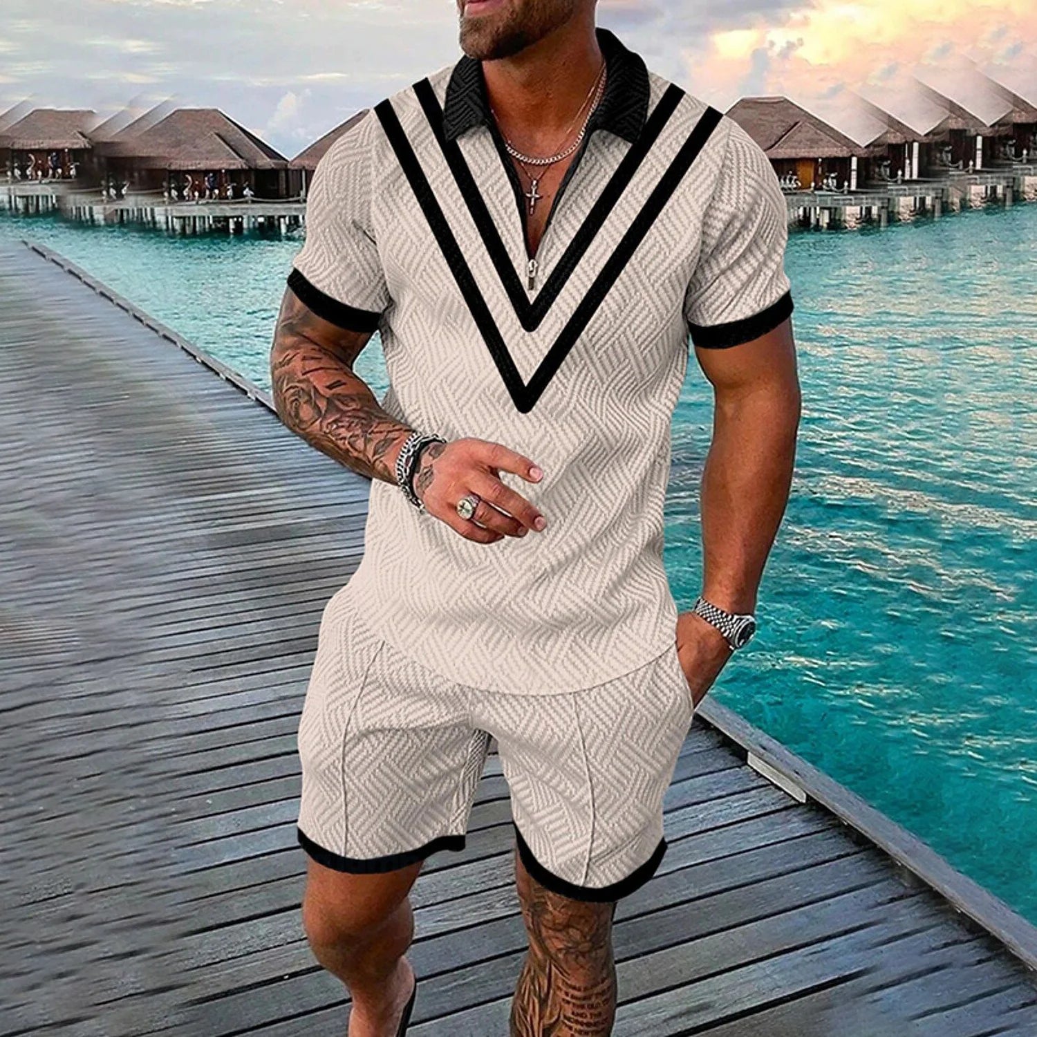 Summer 3D Print Men's Tracksuit Suit Casual Zipper Polo Shirt Shorts 2 Pcs Sets Boho Geometric Style Holiday Clothing