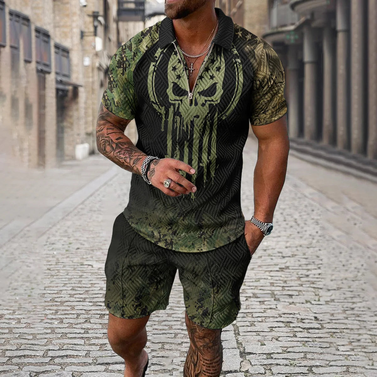 Summer 3D Print Men's Tracksuit Suit Casual Zipper Polo Shirt Shorts 2 Pcs Sets Boho Geometric Style Holiday Clothing